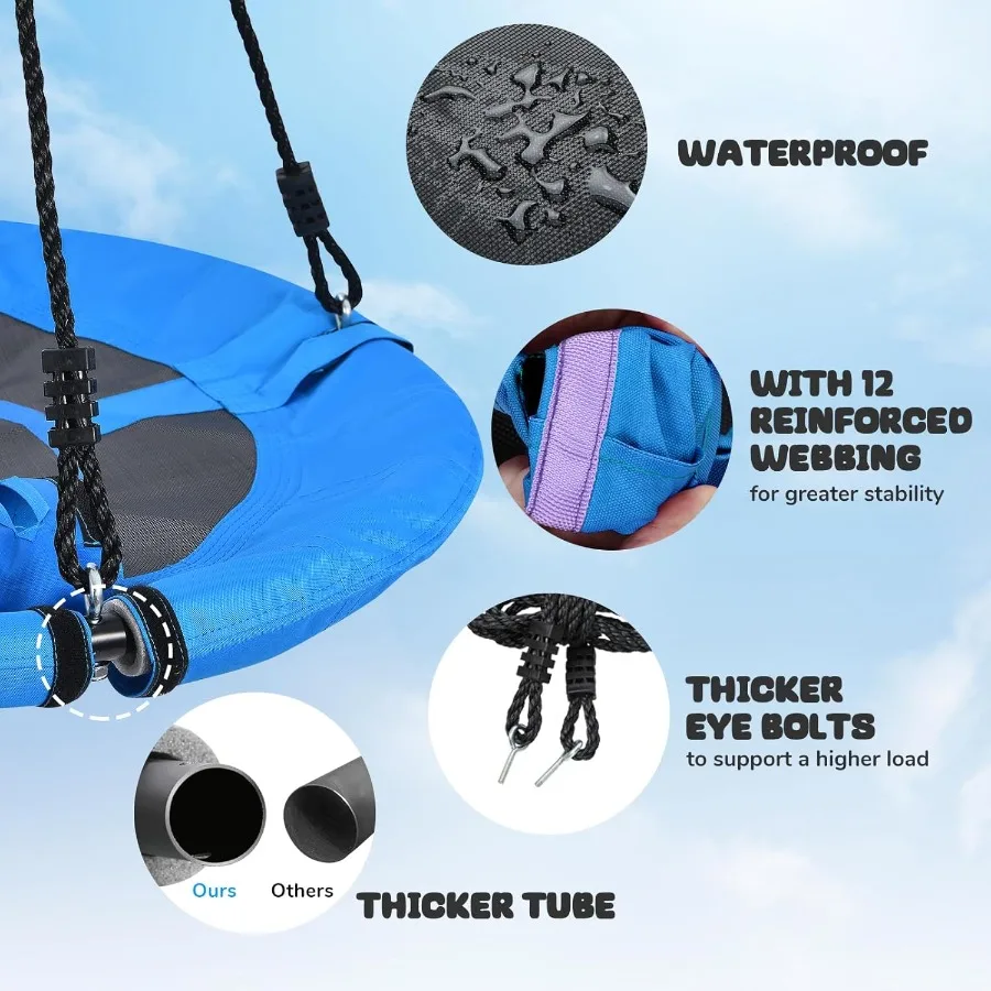 700lb 40 Inch Saucer Tree Swing 900D Oxford Waterproof 2pcs Hanging Straps Steel Frame Adjustable Ropes Blue