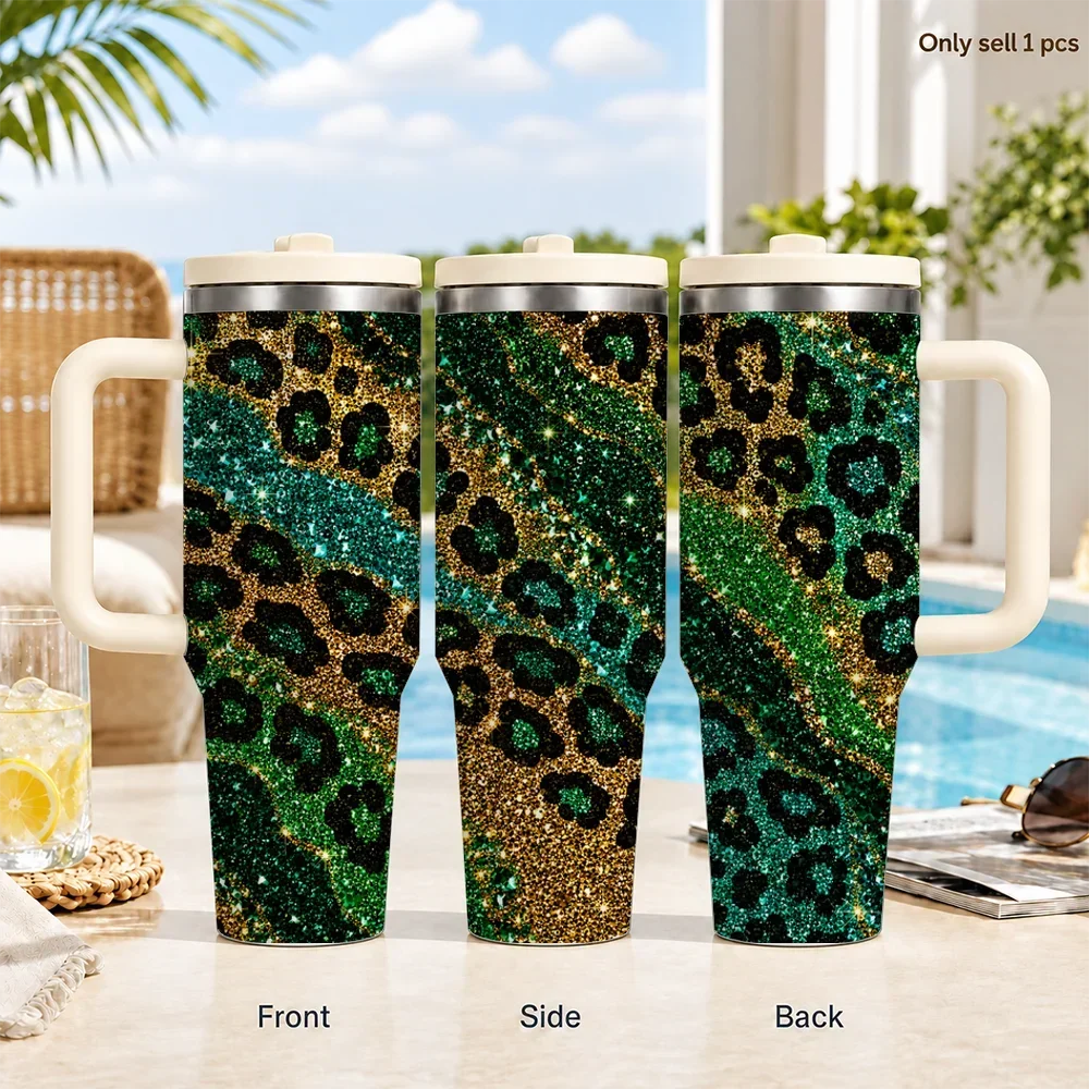 Colorful Shining Leopard Pattern Vacuum Flasks 40oz Insulated Stainless Steel Tumbler Leakproof Straw Lid & Grip Handle Cup