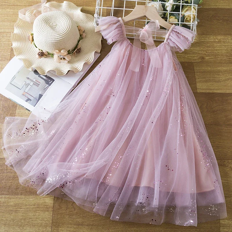 2024 New Summer Girl Suspender Princess Dress Ruffles Kids Sequin Tutu Birthday Party Vestidos for 3-8Y Elegant Girls Dresses