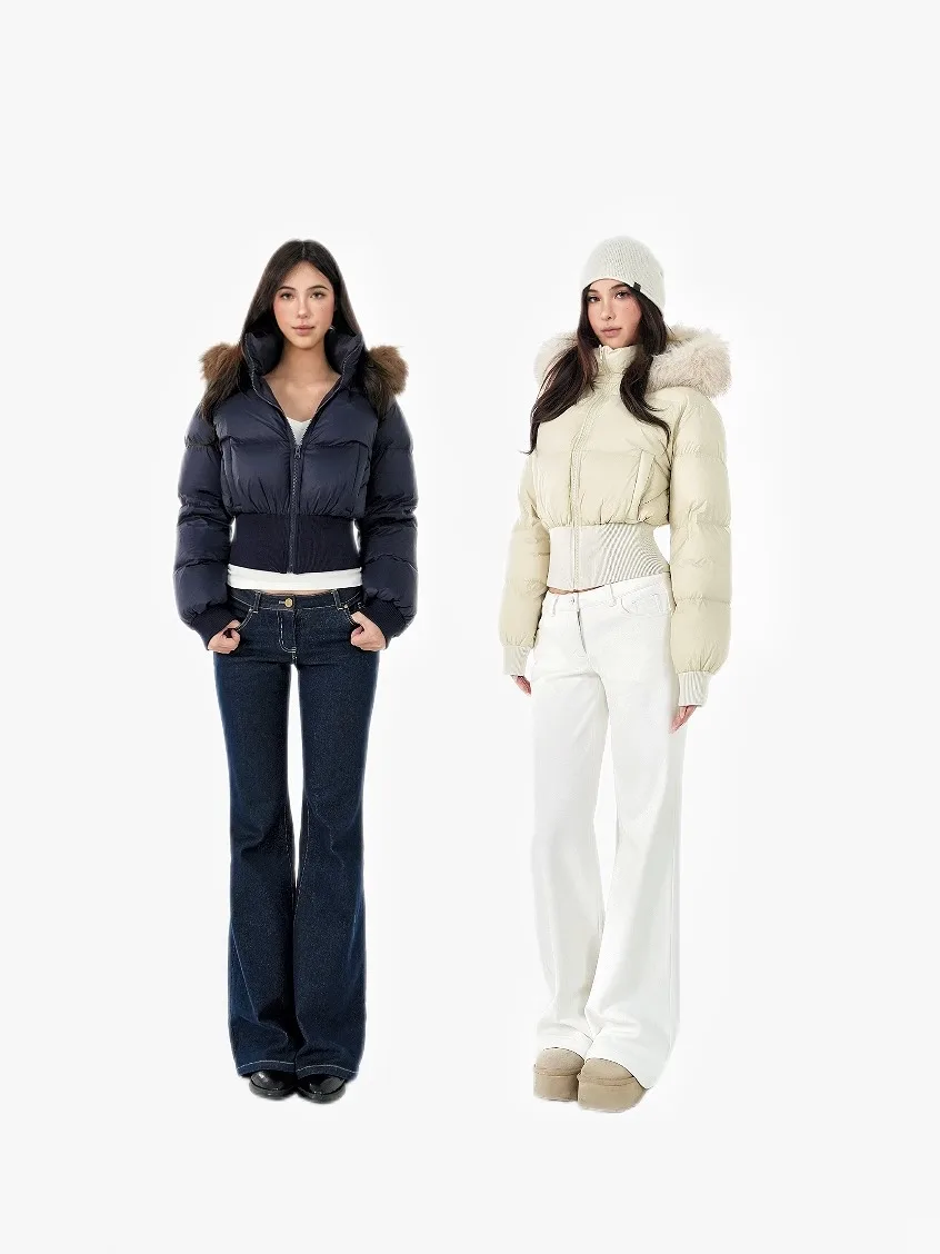 

Jim Kennet90 Белый ду пуховое пальто Ретро меховой воротник с застежкой на талии и мягкой застежкой-молнией с высокой талией Водонепроницаемый