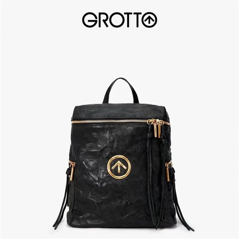 Grotto 2026 handbag New Gender-Neutral Wrinkled Sheepskin Water-Ripple Arrow-Marked Black Stone Large Capacity Backpack