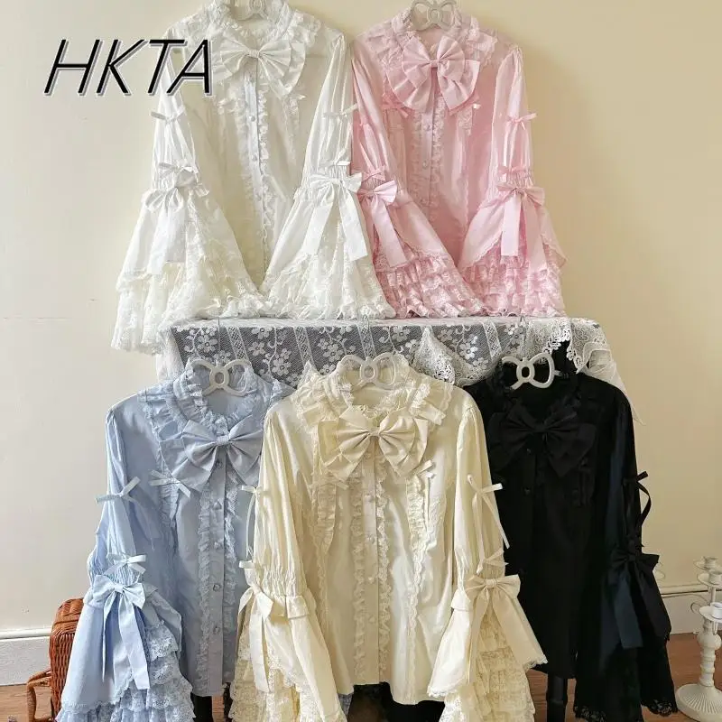

Original Lolita Shirts Women Girls Spring and Summer Large Size Lolita Big Ji Sleeve Blouses Inside Doll Feeling Lace White Top