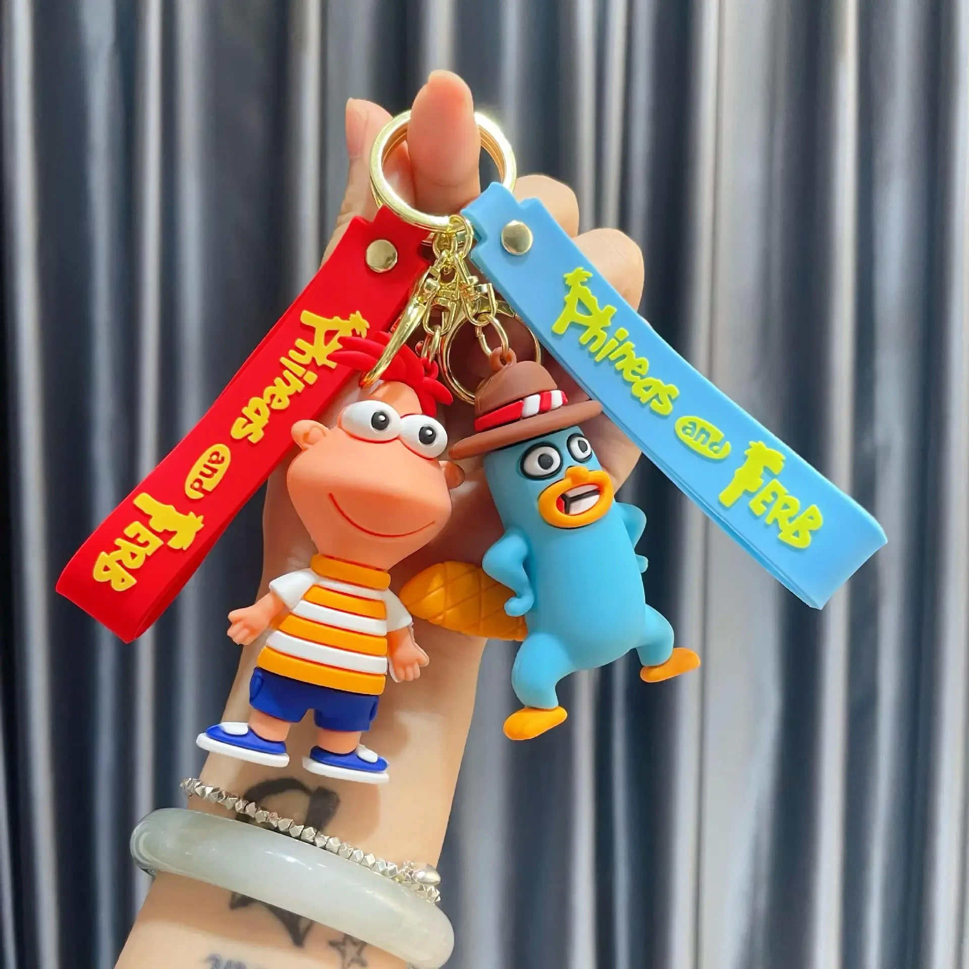 Disney Phineas and Ferb Anime Phineas Ferb Perry The Platypus PVC Figure Keychain Bag Key Ring Accessories Toys Birthday Gifts