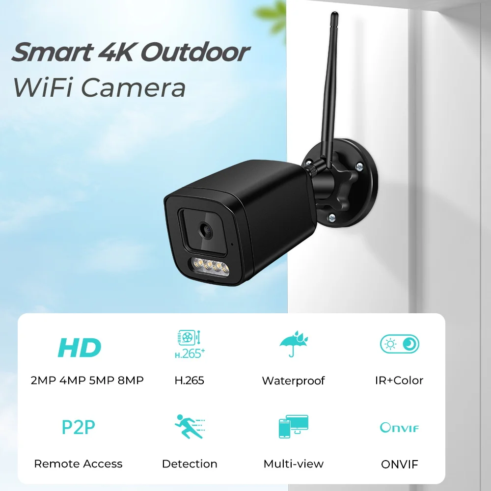 Cámara de seguridad inalámbrica tipo bala para exteriores, videocámara IP de 4K y 8MP con WIFI, Audio bidireccional, detección inteligente del