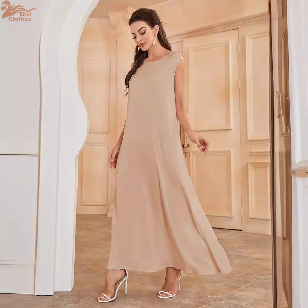 

Uni однотонное внутреннее жилет, длинное платье для женщин, мусульманское кимоно, одинаковые платья Абая, без рукавов с круглым вырезом, арабское нижнее белье Ид