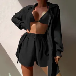 Fashion Long Sleeve Lapel Button Shirt and Shorts Sets Women Casual Solid 2 Piece Loose Beach Swimsuit Sun Protection Suits