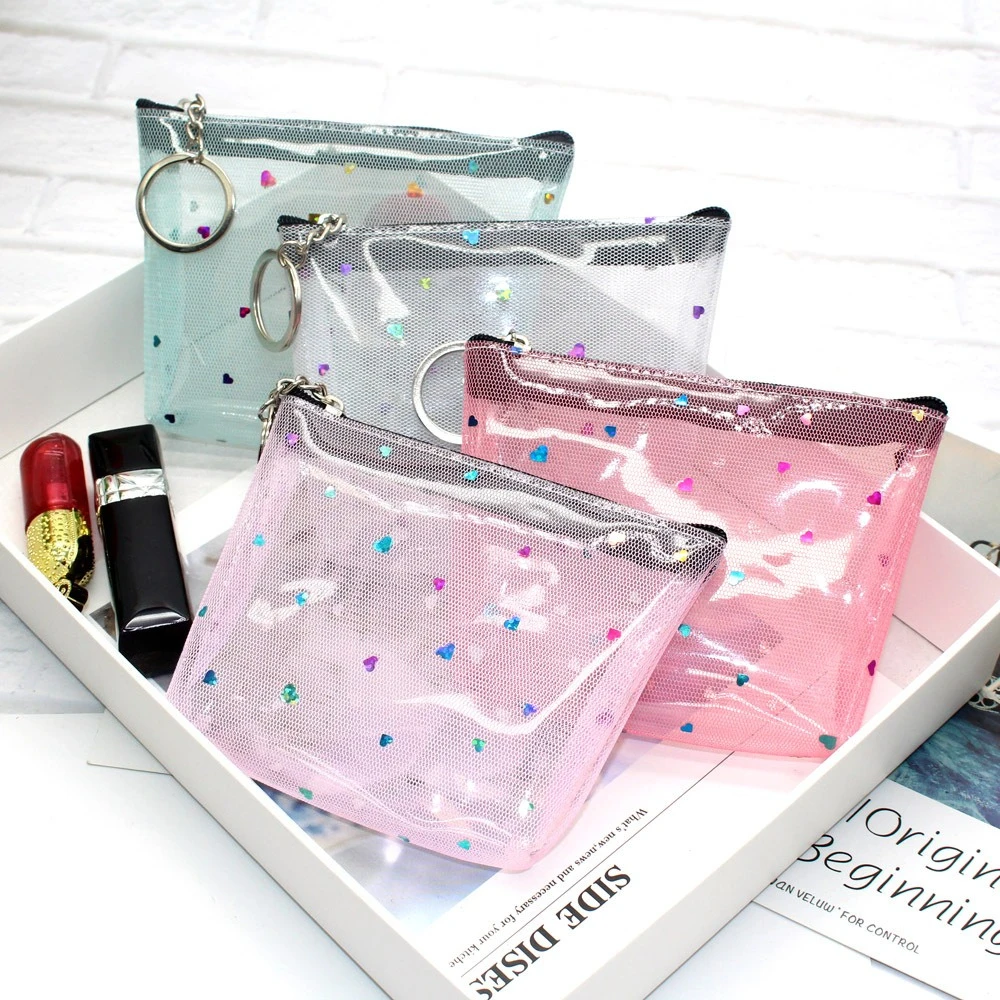 Heart Sequin Mesh Coin Purse Transparent Zipper Mini Waterproof Cosmetic Bag with Key Ring Girls Small Storage Pouch