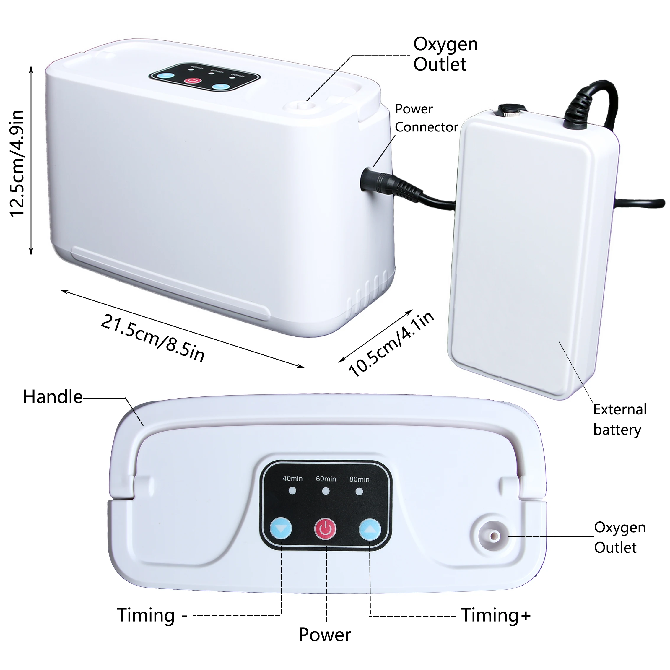 Concentratore di ossigeno da viaggio Macchina per ossigeno a flusso di impulso da 3 litri 90% ±2% Supporto per l'uso con accendisigari per auto e batteria