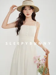 Women Spring Lace Trim Long Dress French Sweet Style Waist-Cinching Sleeveless Elegant Maxi Dress Friendly for Petite Frame
