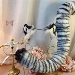 New Handmade Work White Tiger Ears Hairhoop Tail Necklace Earrings Cosplay Carnaval Gothic Lolita Acessories Hair Hoop Headwear