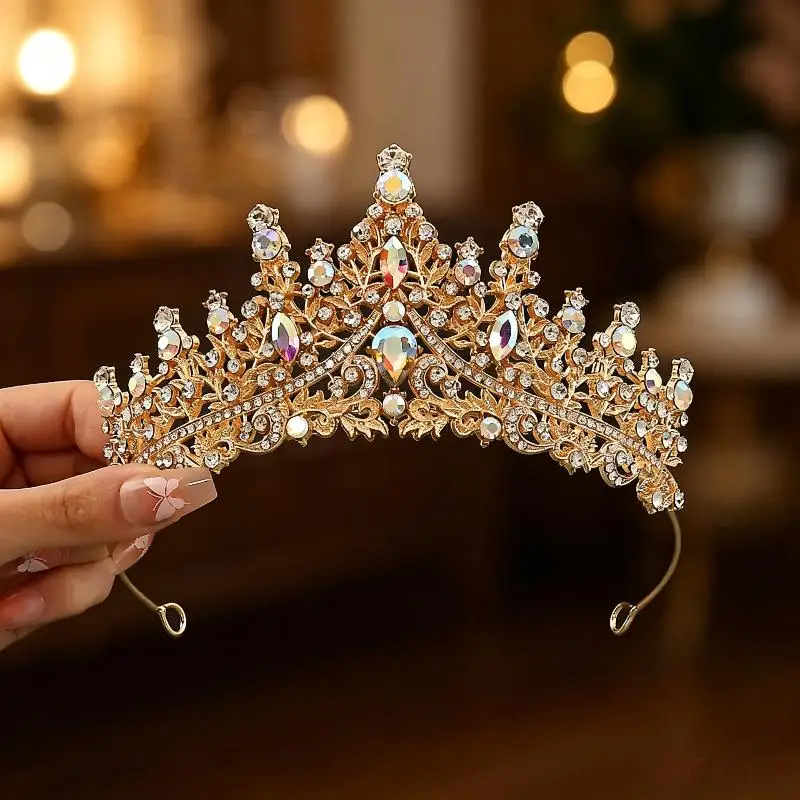1 Stück Goldene Damen-Mode-Hochzeitskrone, Braut-Kopfschmuck, Strass, klassische Prinzessinnen-Tiara, DIY-Accessoires – Detail 7