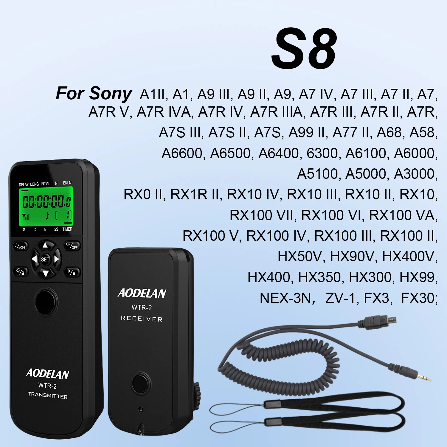 

AODELAN беспроводной спуск затвора со шнурами, таймер, контроллер для Sony A1 A9 A7IV A7RV A7SIII A6600 A6500 A6400 HX350 FX30