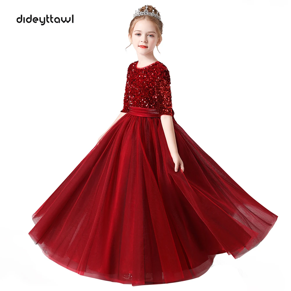 Dideyttawl Half Sleeves Flower Girl Dresses Bridesmaid Sequins Tulle Puffy Skirt Girls Birthday Party Pageant Gown