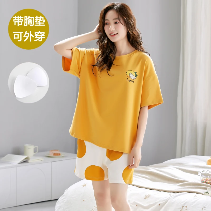 2024 New Cotton Women's Sleepwear with Chest Bra Summer Thin Cartoon Cute Pajamas Set Short Sleeves Sleeping Top Pant Loungewear