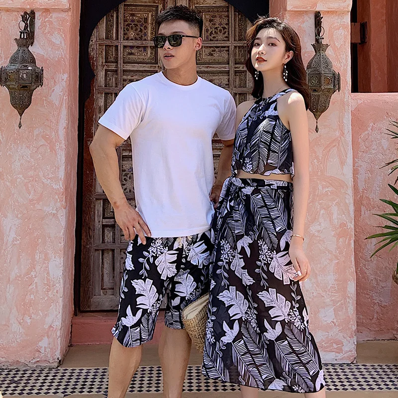 New Matching Swimsuits for Couples Quick-drying Print Beach Wear High Neck Women Bathing Suits Swimwear Men Swimming Shorts Pant