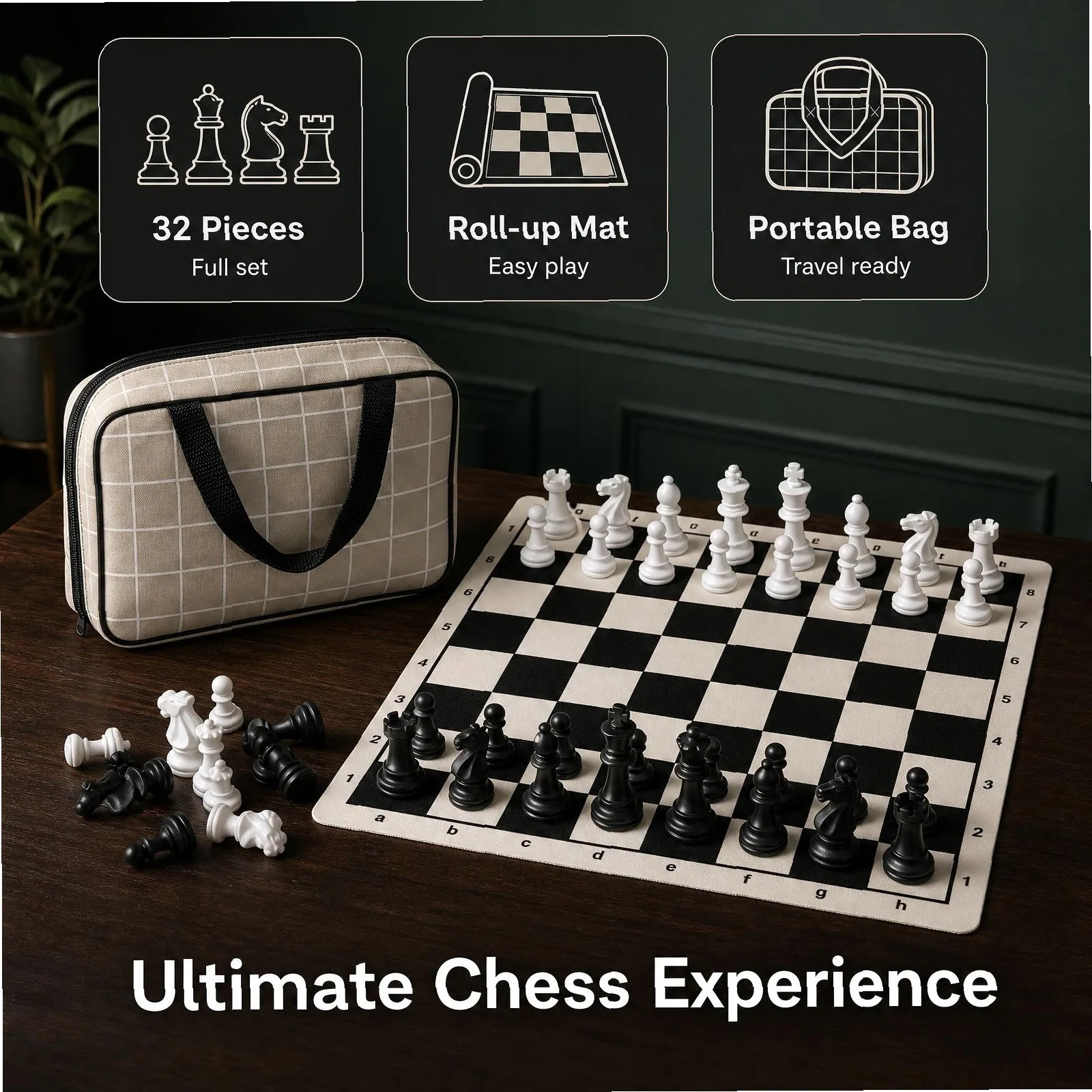 Portable 2 Player Chess Set 42cm Foldable Chess Mat with 32 Standard Pieces & Carry Bag Christmas Gift for Adults
