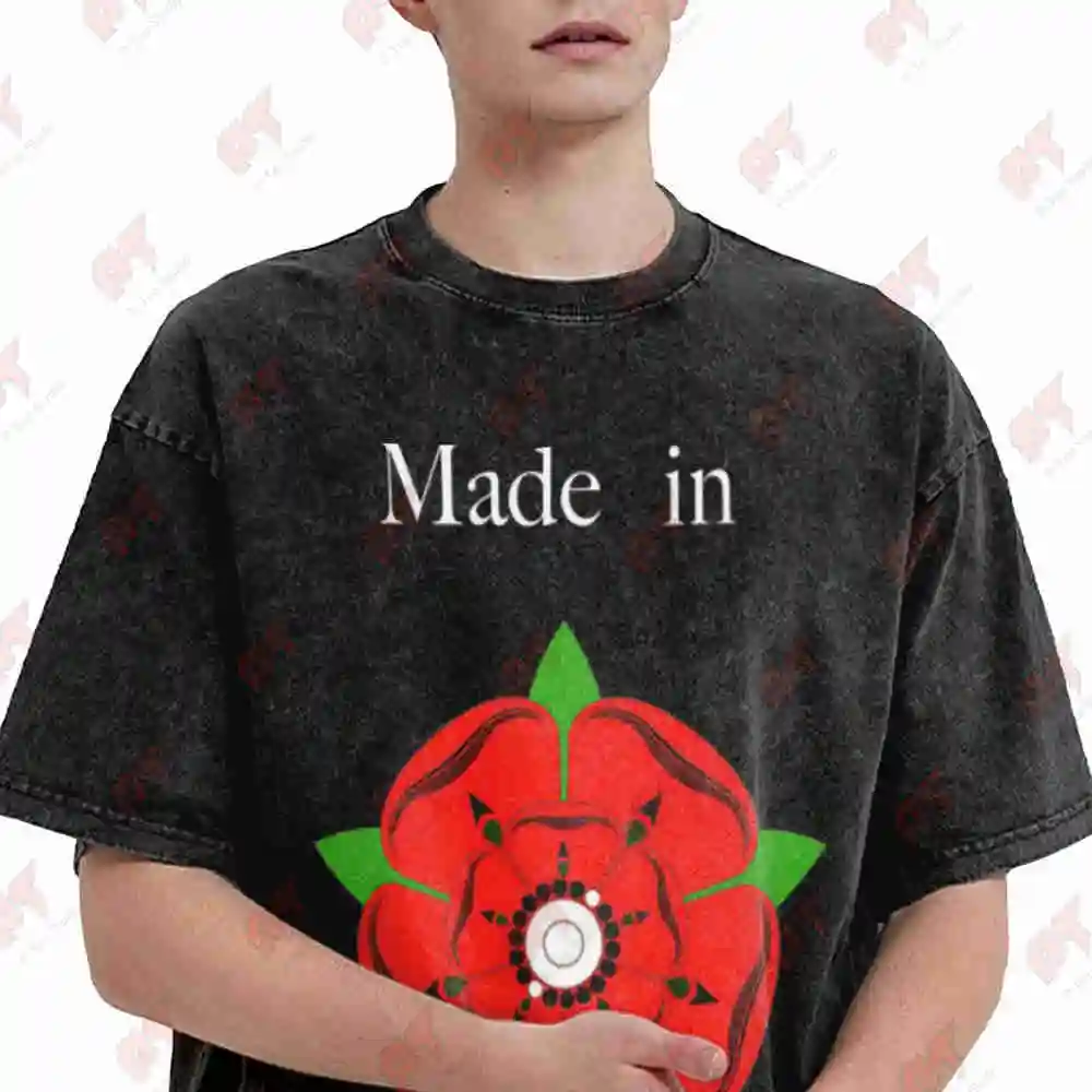 Lancashire Red Rose Text Pride Vintage Washed Tee Pure Cotton T-Shirt