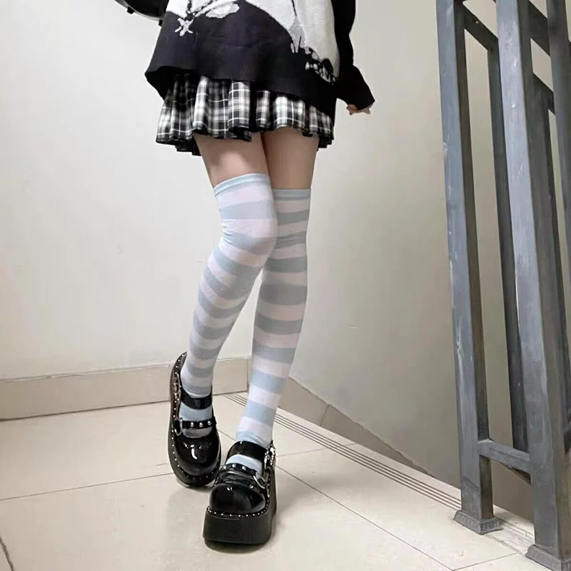 Color Striped Stockings Japanese Over Knee Socks Sexy Slim Long Soks Black White Striped Hosiery Thigh High Stockings Knee