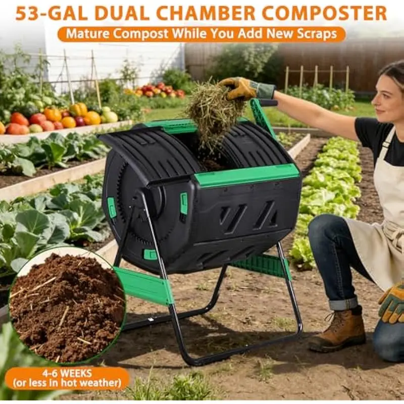 JupiterForce 53-Gallon Dual-Section Outdoor Compost Tumbler with Octagonal PP Body, Gear-Assisted 360-Degree Rotation, Adjustabl