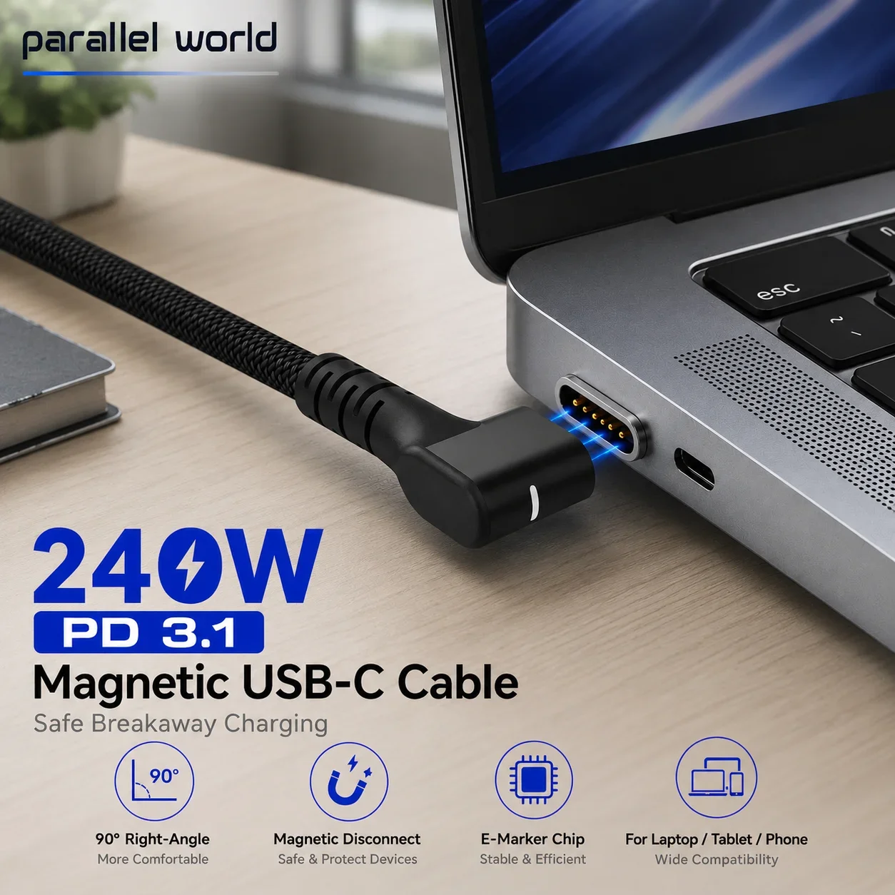 Magnetic Breakaway USB C Cable PD 3.1 240W  Fast Charging Cable 90 Degree Right Angle E-Marker Chip Connector for Laptop,Pad