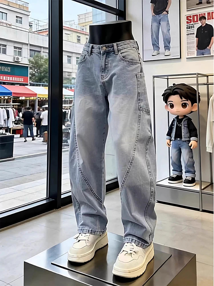 

Cleanfit Blue Washed Men's Jeans High Street Loose American Wide Leg Pants Workwear Trousers Knife Casual Straight Cut