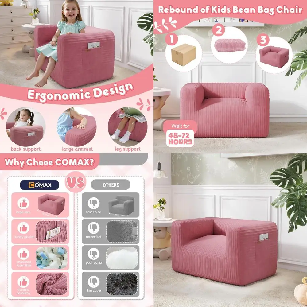 

Розовый вельветовый детский диван-лежак с наполнителем из измельченного поролона для комфорта в игровой и учебной комнате