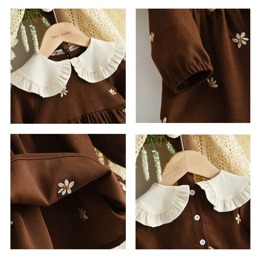 Braunes Schleifenkleid mit langen Ärmeln für Babymädchen, Herbstmode, neue Partykleider für Mädchen, niedlicher Puppenkragen, Freizeitkleidung – Detail 12