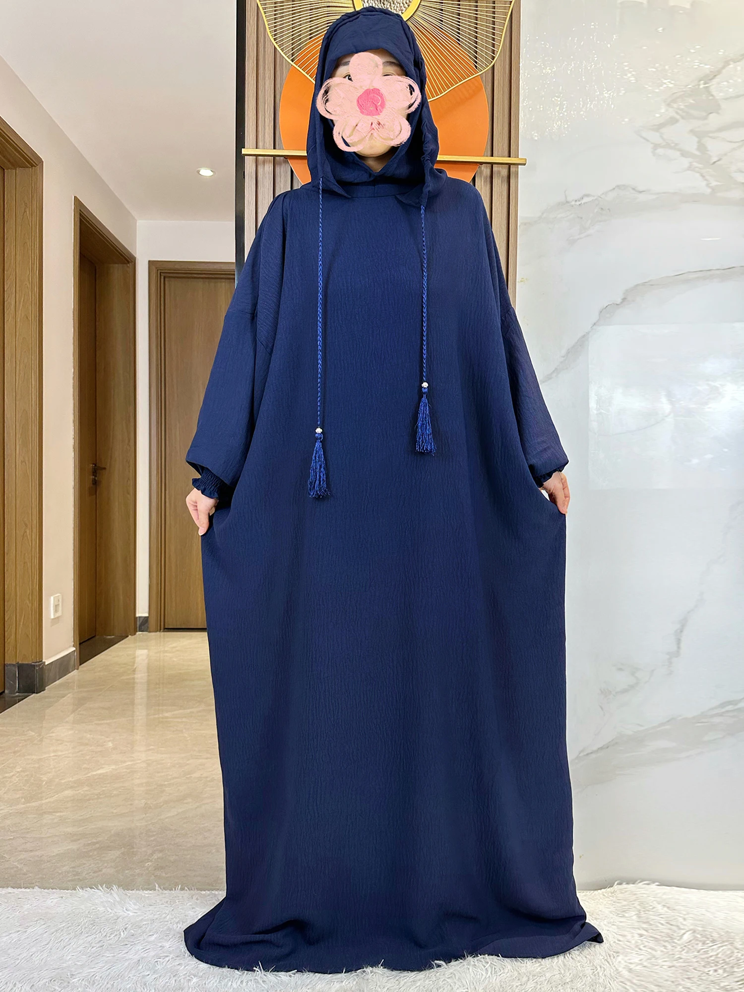 Muslim Abaya Pullover katun padat dua topi wanita Lebaran gaun Maxi panjang bertudung Turki Kaftan jubah Arab pakaian Dubai Hijab Islami