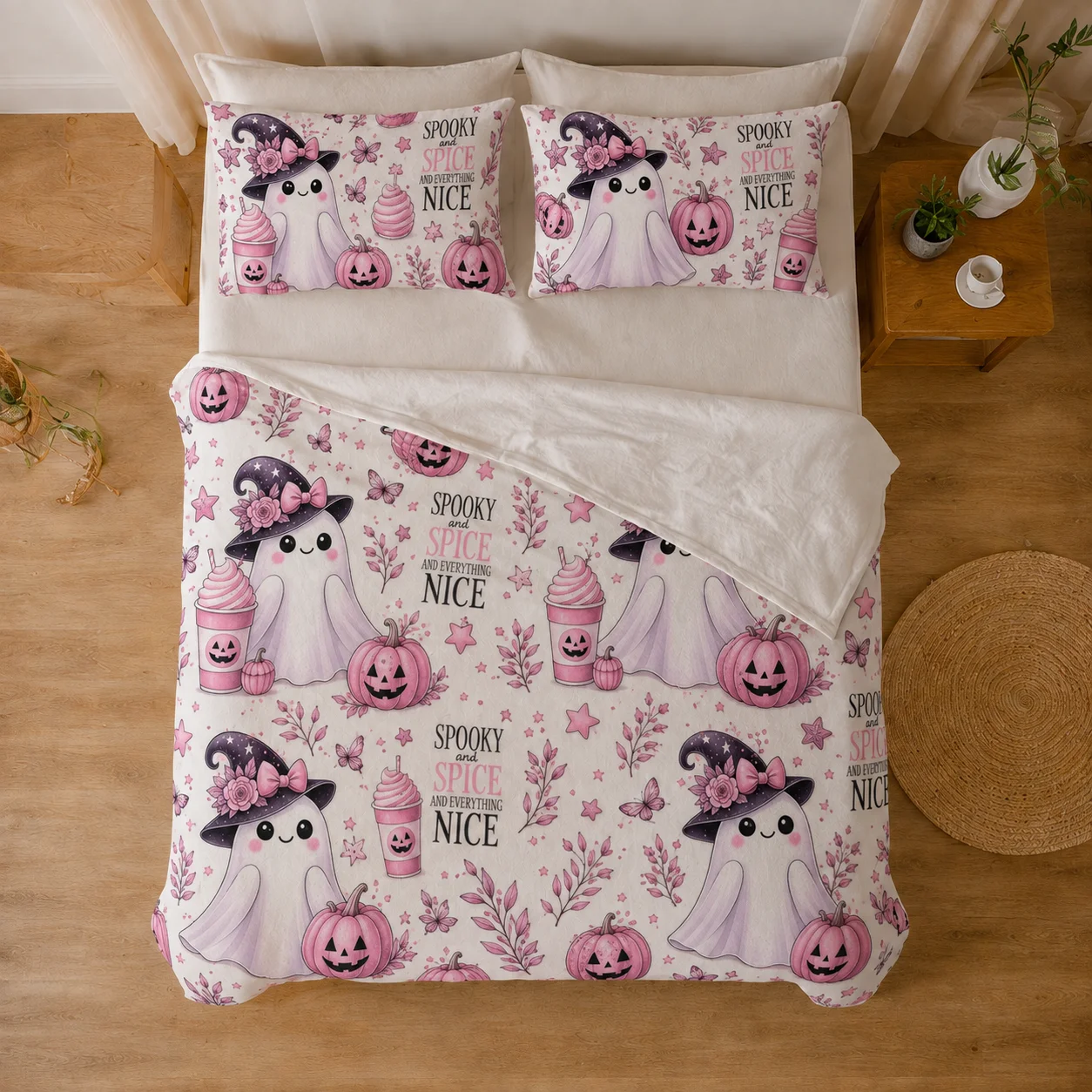 Cute Ghost Halloween Flannel Blanket 3 Piece Set with 2 Pillow Covers, Pink Witch Hat Pumpkin Spooky Throw Blanket for Girls Bedroom Bed Sofa Couch Decor, No Pillow Inserts