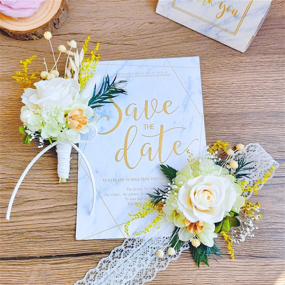 

Boho Wedding Preserved Rose Flower Boutonniere & Wrist Corsage Set for Wedding Couple Bridesmaid Groomsman Wedding Accessories