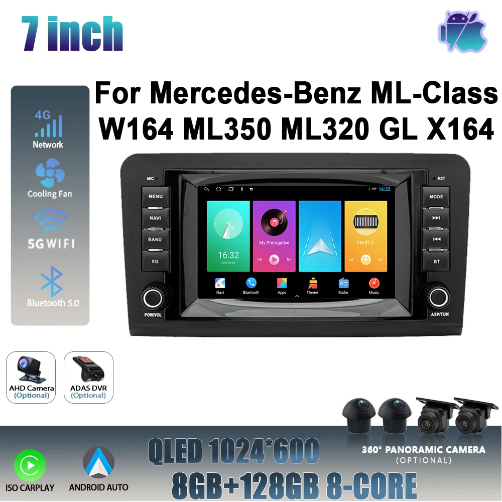 For Mercedes-Benz ML-Class W164 ML350 ML320 GL X164 Car Radio Multimedia Navigation Wireless Carplay Stereo Screen Android 14