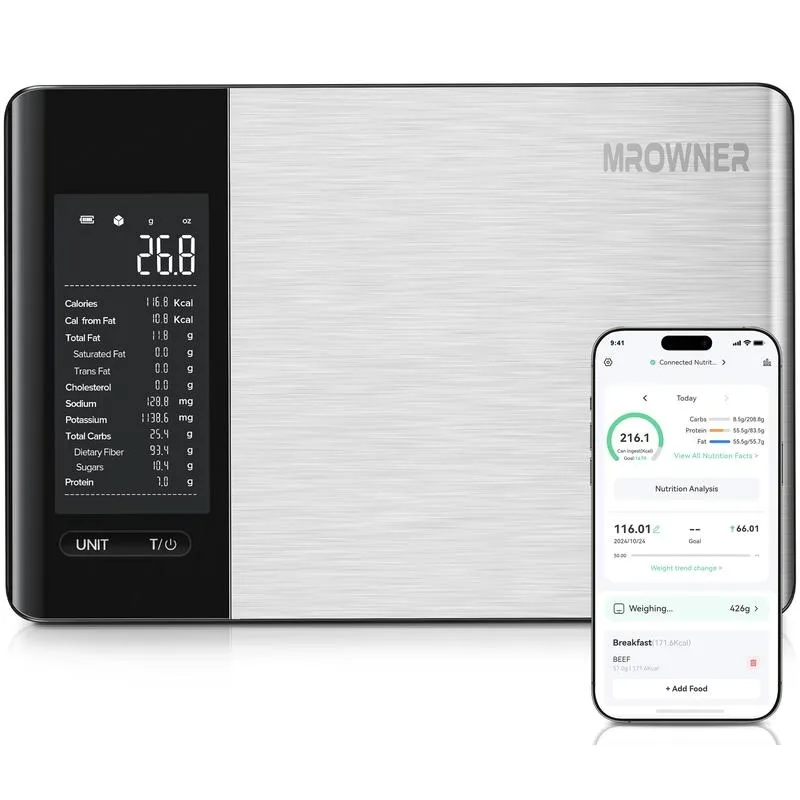 

MrOwner Smart Food Кухонные весы с питательным калькулятором, бесплатное приложение с отслеживанием из 19 питательных веществ, калорий, Marco