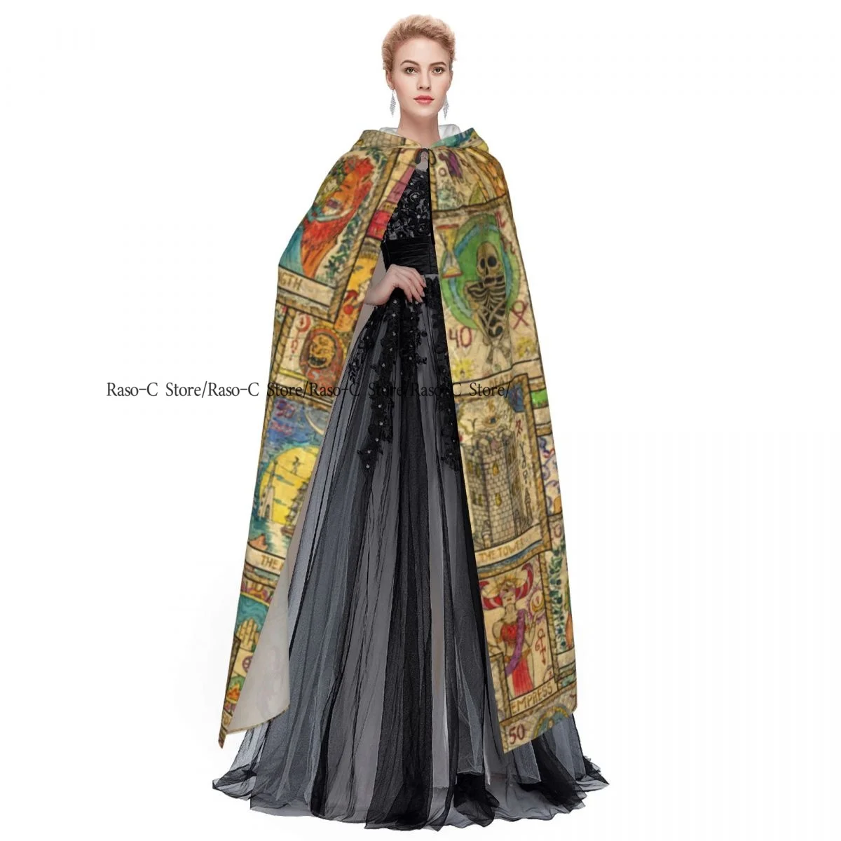 Hooded Cloak Unisex Cloak with Hood Tarot Cards In Diagonal Occult Esoteric Wicca Cloak Vampire Witch Cape Cosplay Costume