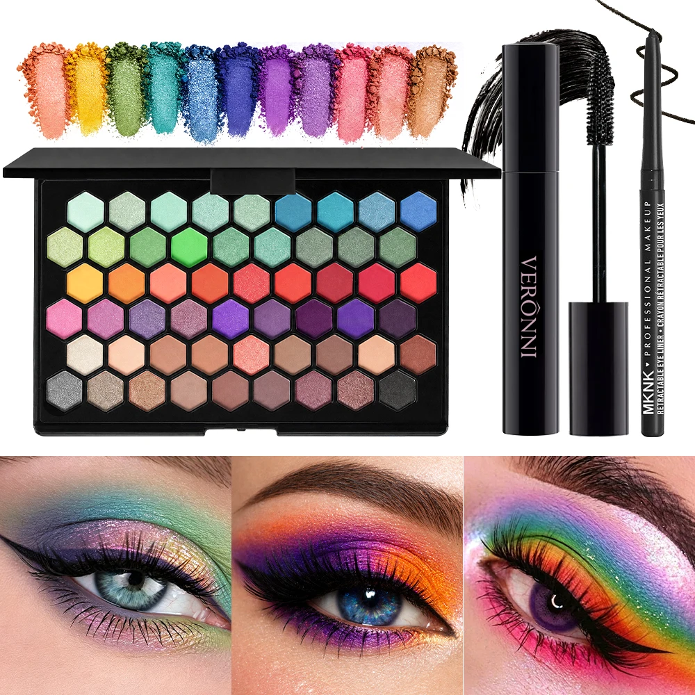 3Pcs 54-Color 3-in-1 Eyeshadow Palette -Professional Multi-Color Eyeshadow Collection with Matte and Shimmer Shades Mascara