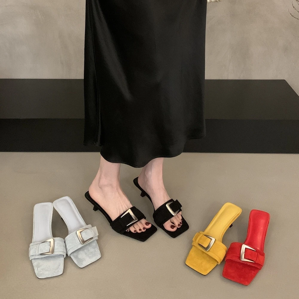 

Women's Elegant Square Head Slippers Exquisite Solid Color Open Toe Sandals Minimal Daily Versatile Ladies High Heels