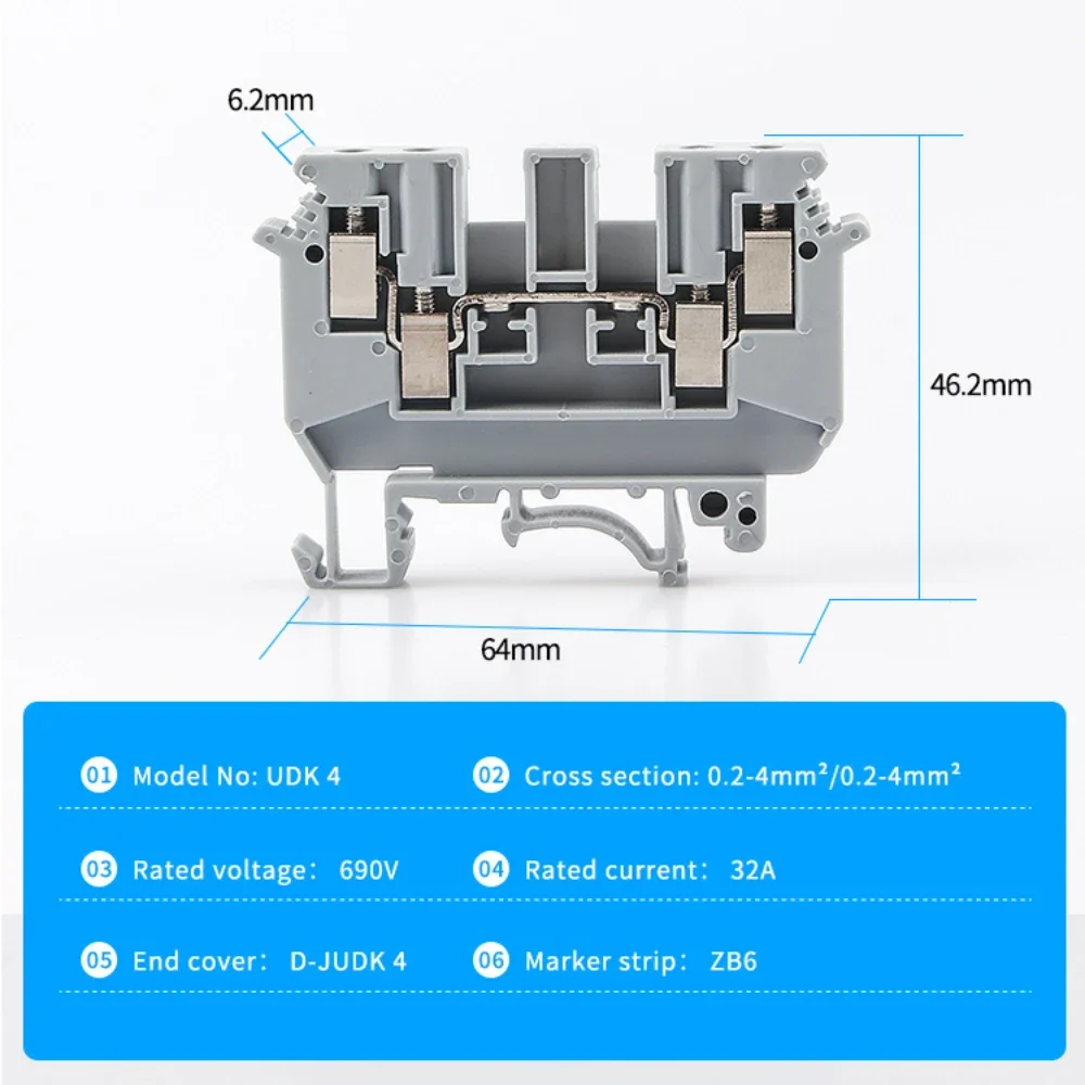 10Pcs UDK-4 Feed Through Screw Connection Multi Conductors Wire Connector UDK4 Din Rail Terminal Blocks