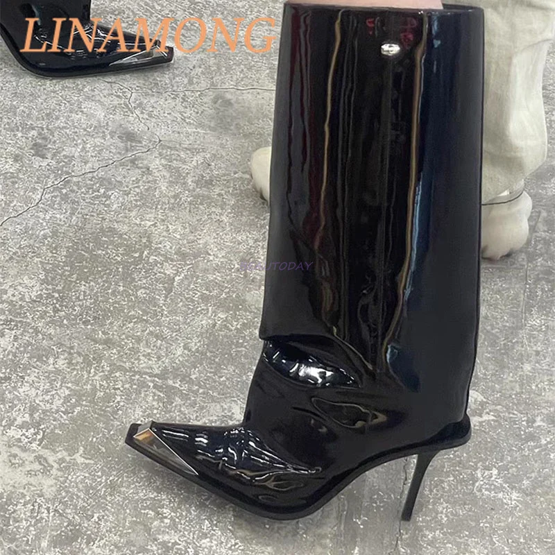 Metal Pointed Loose Fitting Straight Leg Boots Fashionable One Foot Kick Slim High Heels Long Leg Boots Black Knight Boots