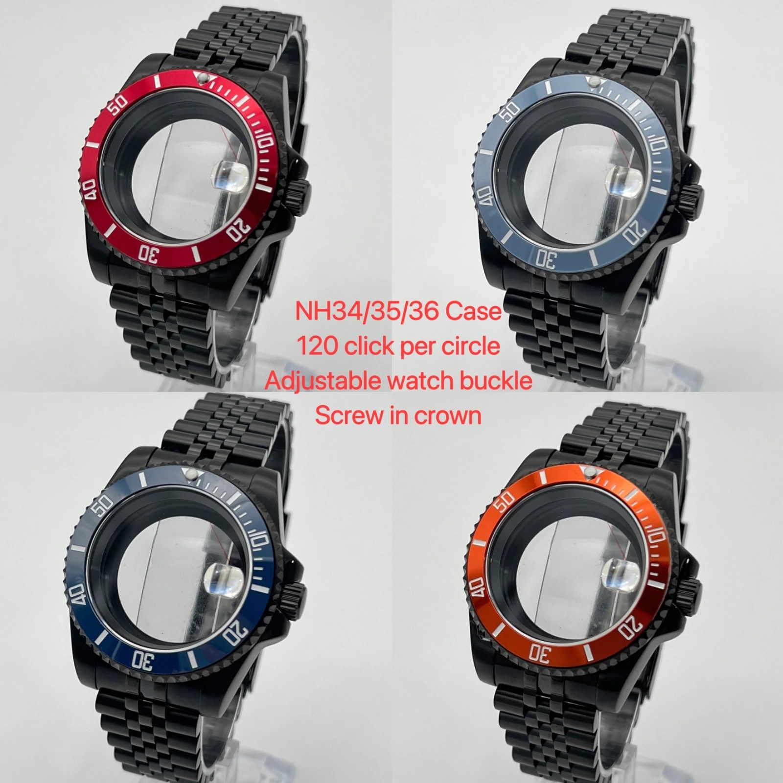 

High quality 40mm case, NH35 case, black strap SUB men's watch accessories, suitable for NH34/NH35/NH36 movement assembly