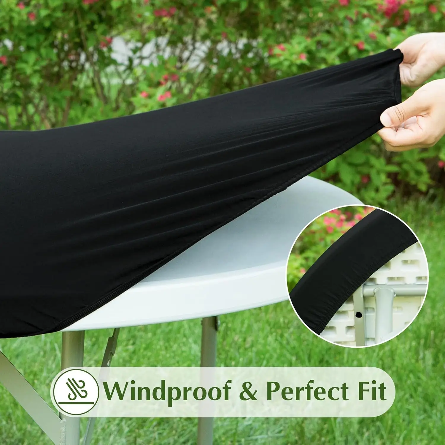 Black Round Spandex Tablecloth, Elastic Fitted Tablecloths Wrinkle-Resistant Picnic Table Cover for Camping Dining Outdoor
