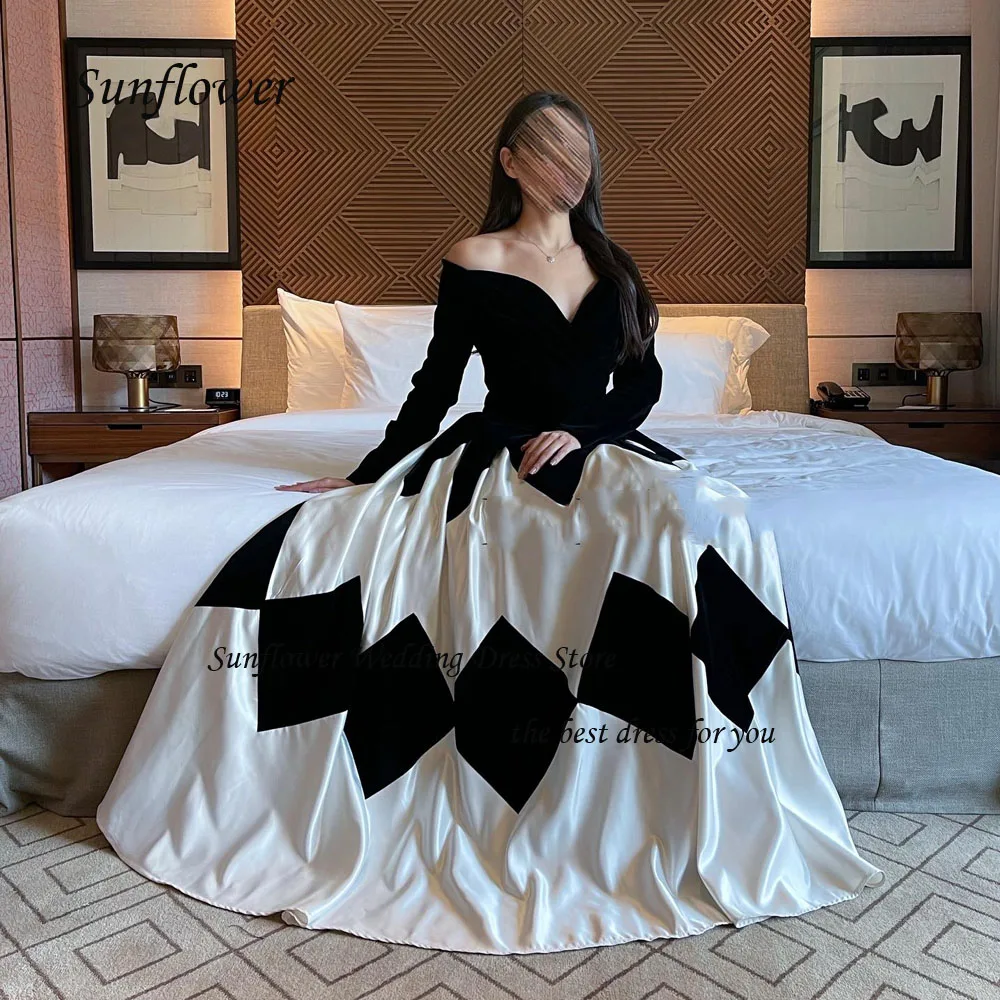 Sunflower Black and White V-Neck Evening Dress 2023 Slim Satin A-LINE Long Sleeve Prom dress Floor-Length Party Dress