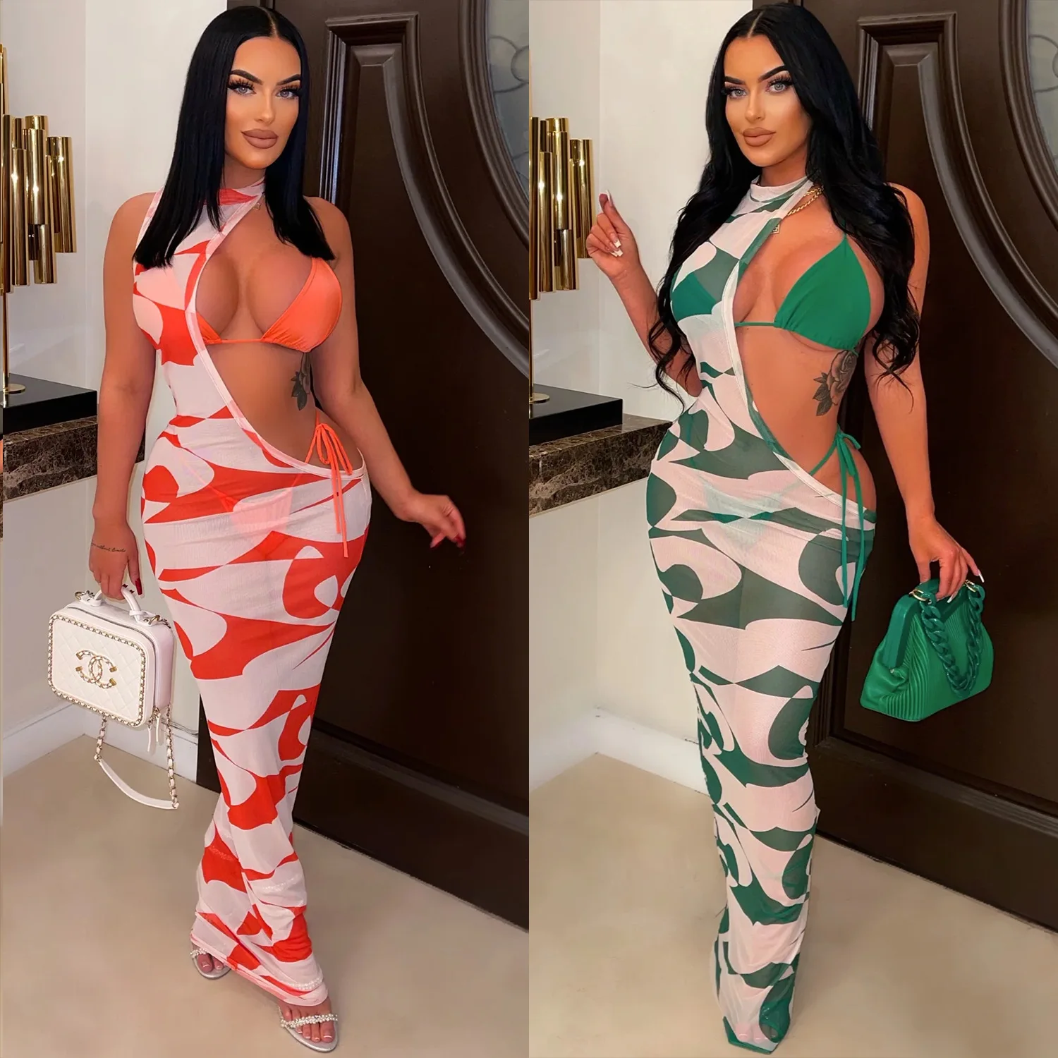 

Summer women's clothing sexy mesh printing perspective dress three-piece slim and thin temperament streetwear new dance costume