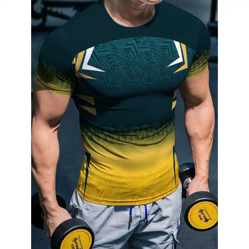 Men'S High-Stretch Quick-Dry Deep Green Yellow Gradient Fitness Top Geometric Line Athletic Short Sleeve Tight Body-Hugging Musc
