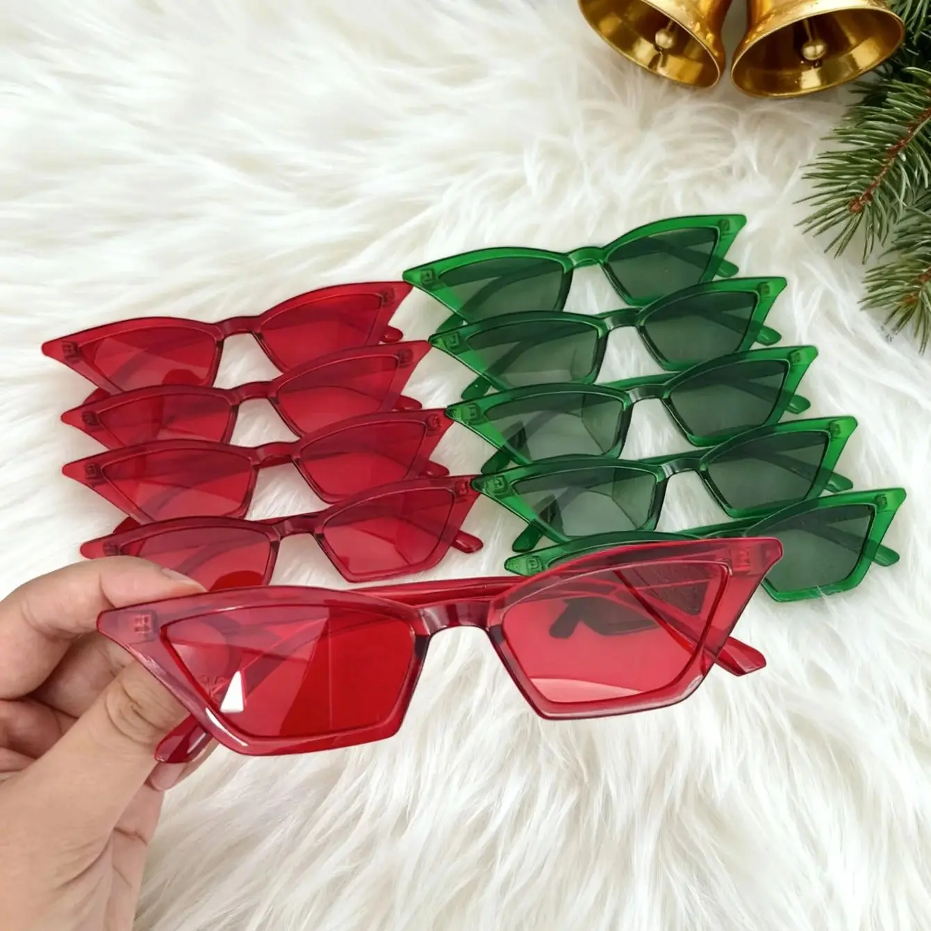 10 Stück rote und grüne Katzenaugen-Brillenkombination mit kleinem Rahmen für Damen, Y2K-Weihnachtsbrille, unverzichtbare Party-Accessoires