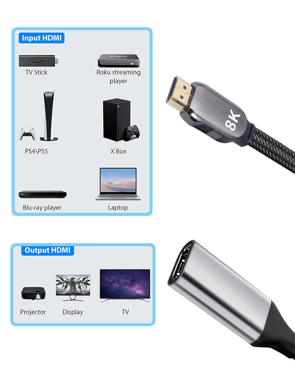 Przedłużacz HDMI 2.1 1,8 m długi kabel 8K HDMI 2.1 Przedłużacz męski do żeńskiego kabla HDMI 2.1 8K 60Hz HDR Earc CEC do PS5 Xbox