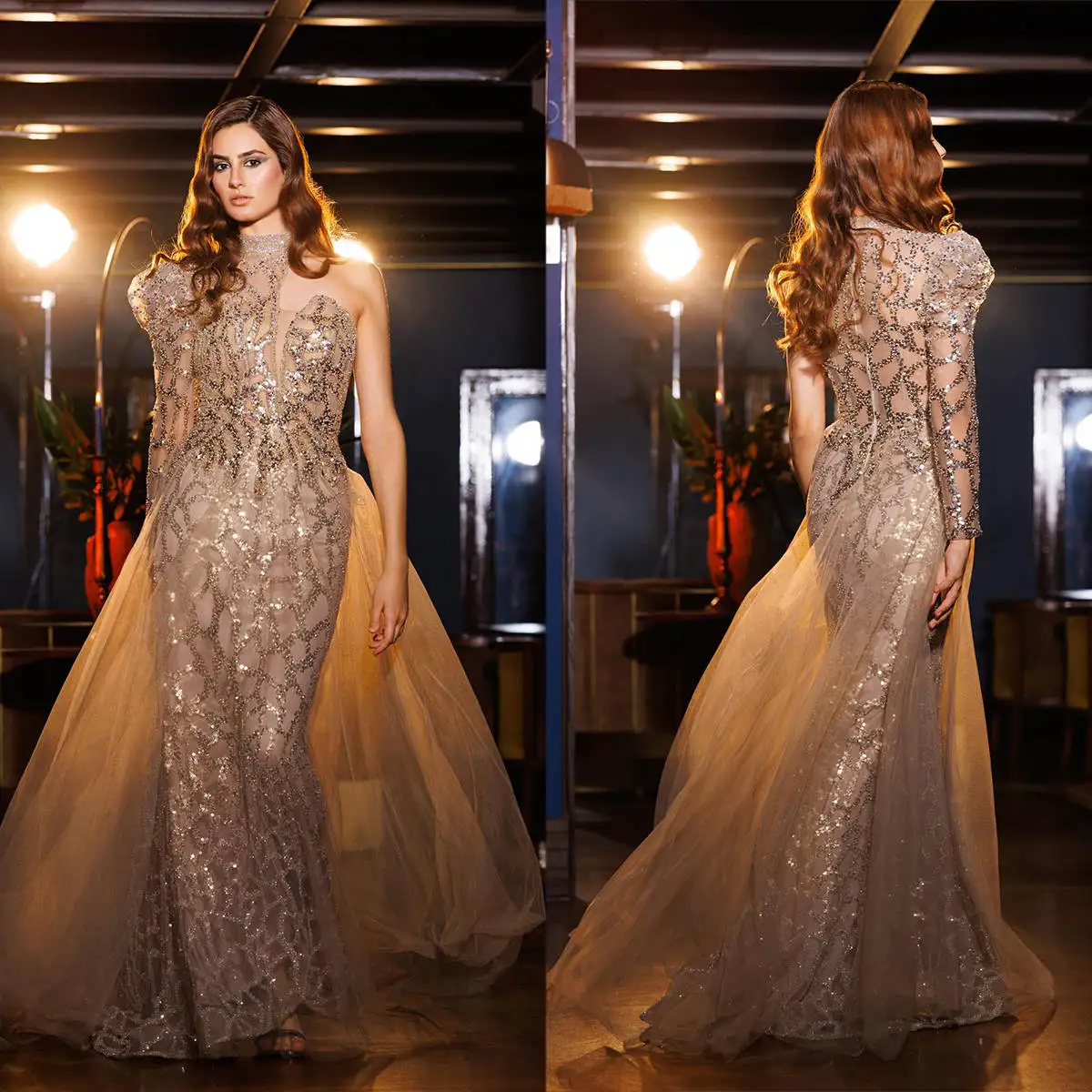 

Elegant Evening Dresses Mermaid High Collar Sequined One Shoulder Prom Gowns Party Dresses Custom Made Robe De Soirée