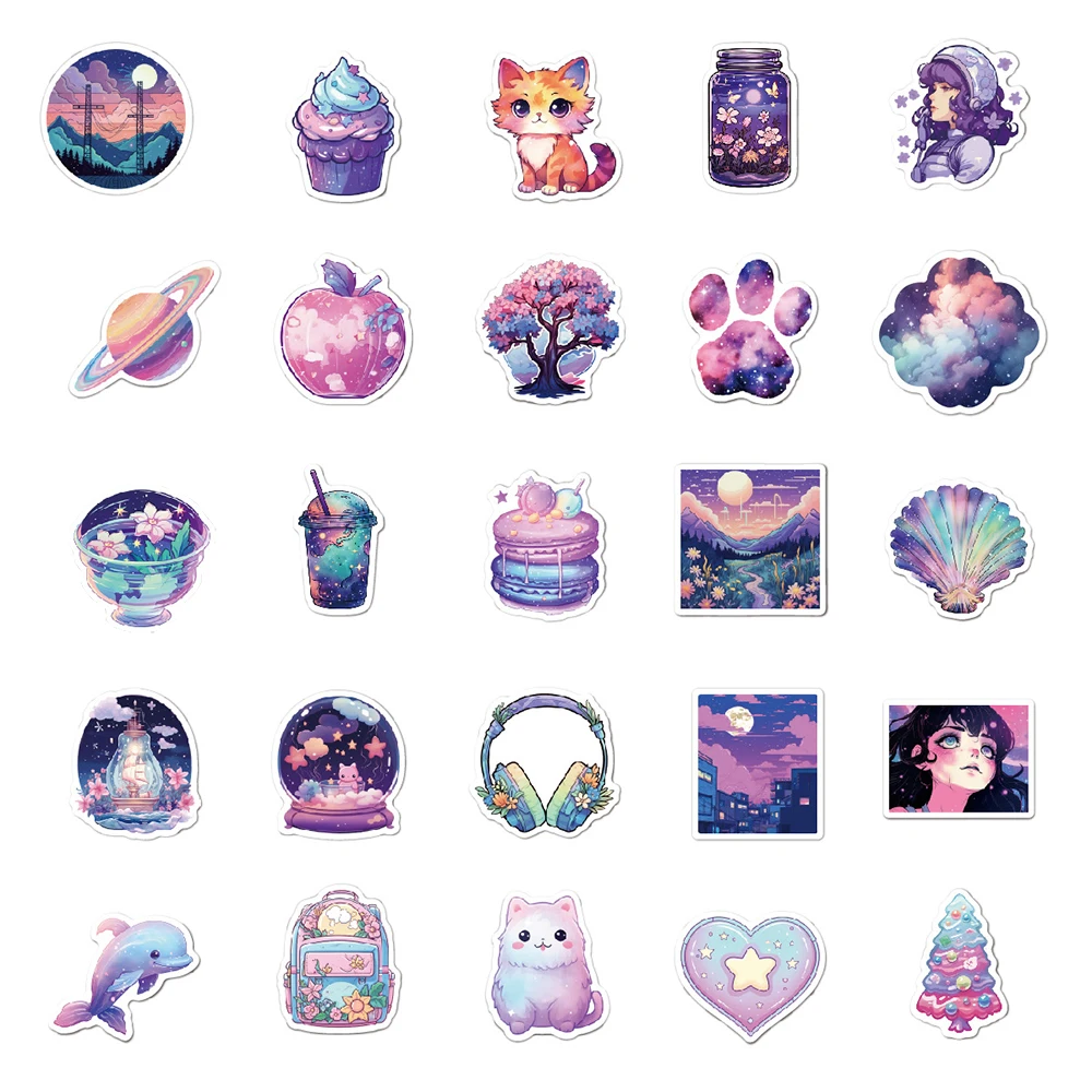 

10/30/50pcs Art Dream Purple Girls Stickers DIY Kawaii Cartoon Sticker Laptop Guitar Notebook Phone Suitcase Decals Toys Gift