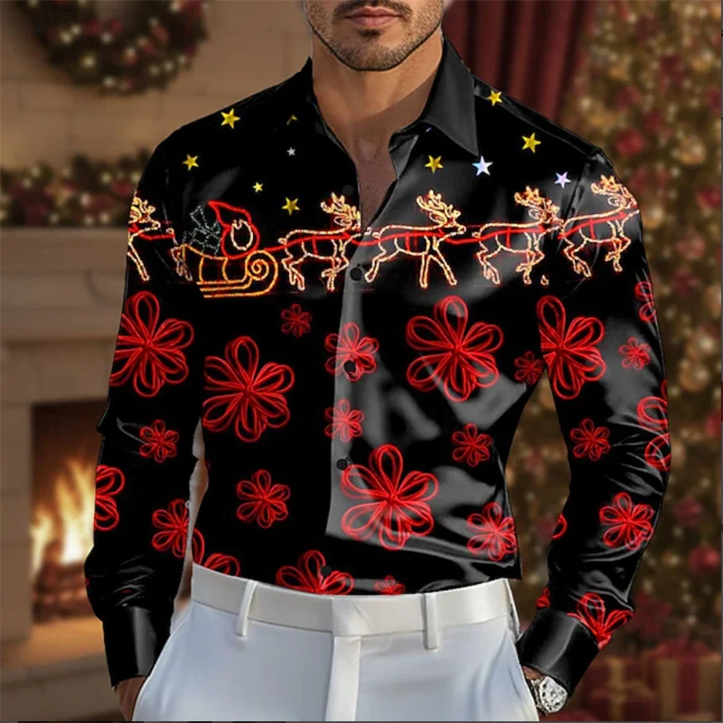 

Мужская рубашка с длинными рукавами и 3D цветочным принтом Санта-Клауса, новый повседневный топ на пуговицах с лацканами и оленями