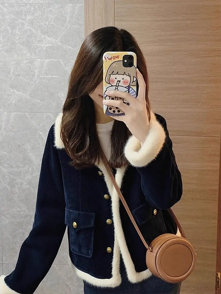 Lamb Fur Short Quilted Jacket Women's Fashion Thickened Flocking Outerwear Luxury Style Standard Version Long Sleeve Coat
