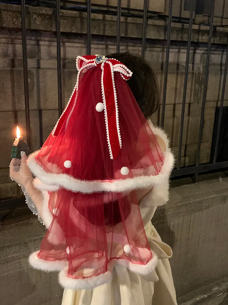 

Autumn and winter Christmas veil red velvet bow hair clip white festive party photo hair accessories escape princess