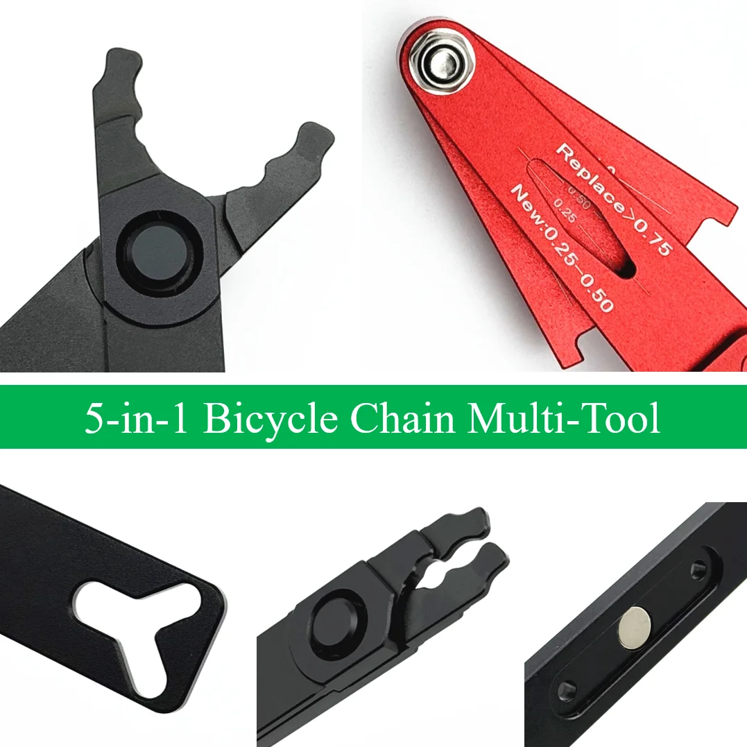 5-in-1 Bike Chain Wear Checker, Aluminum Alloy Multi-Tool with Chain Wear Indicator, Master Link Pliers, Presta Wrench & Storage